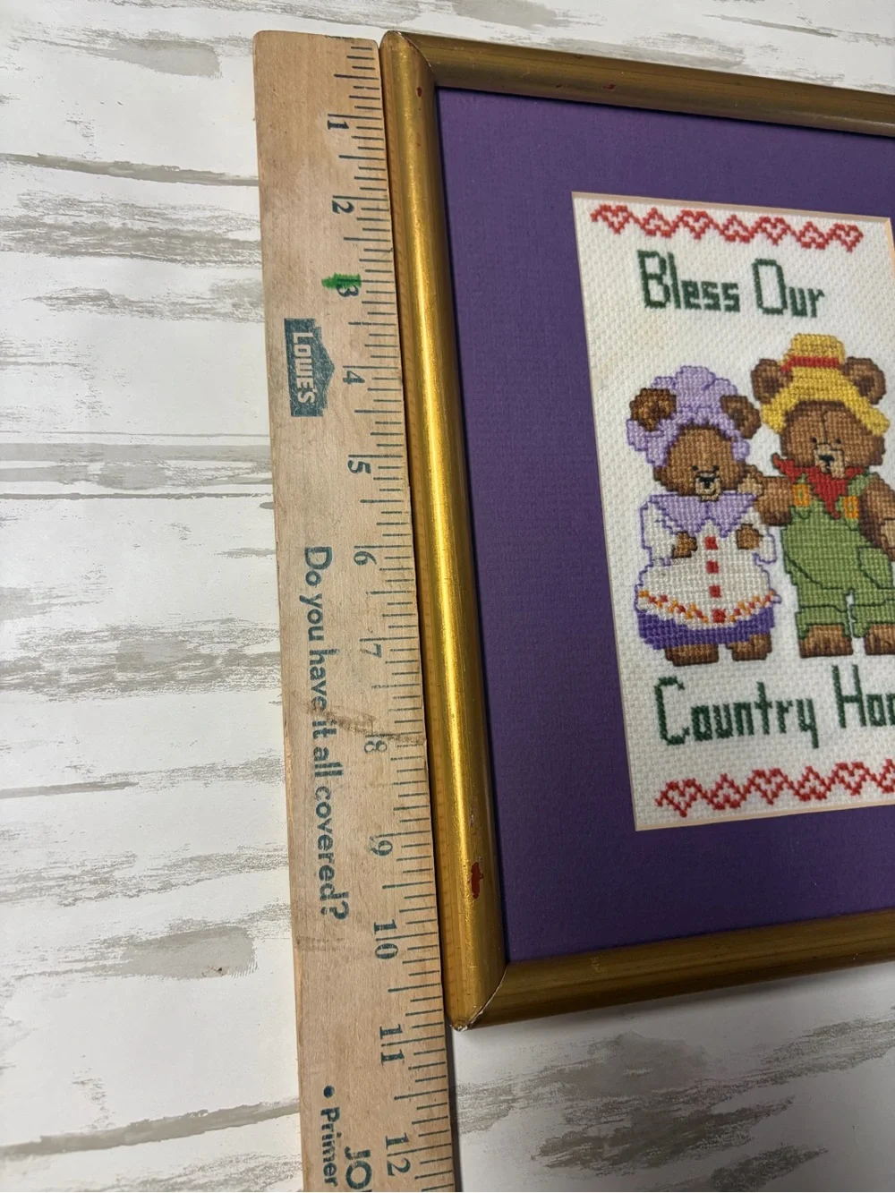 Bless Our Country Home Country Bears Framed Cross Stitch - Purple Mat
